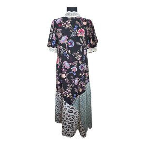 New-MELLODAY - Black mock collar floral/leopard print midi dress w/cap sleeves